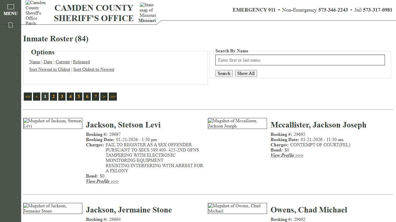 Inmate Roster - Current Inmates Booking Date Descending - Camden County Missouri Sheriff's Office