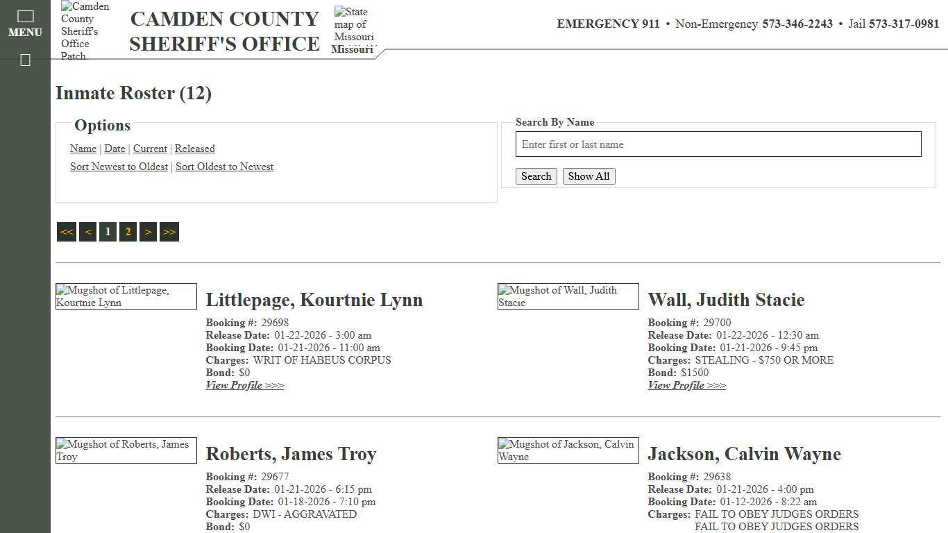 Inmate Roster - Released Inmates Booking Date Descending - Camden County Missouri Sheriff's Office